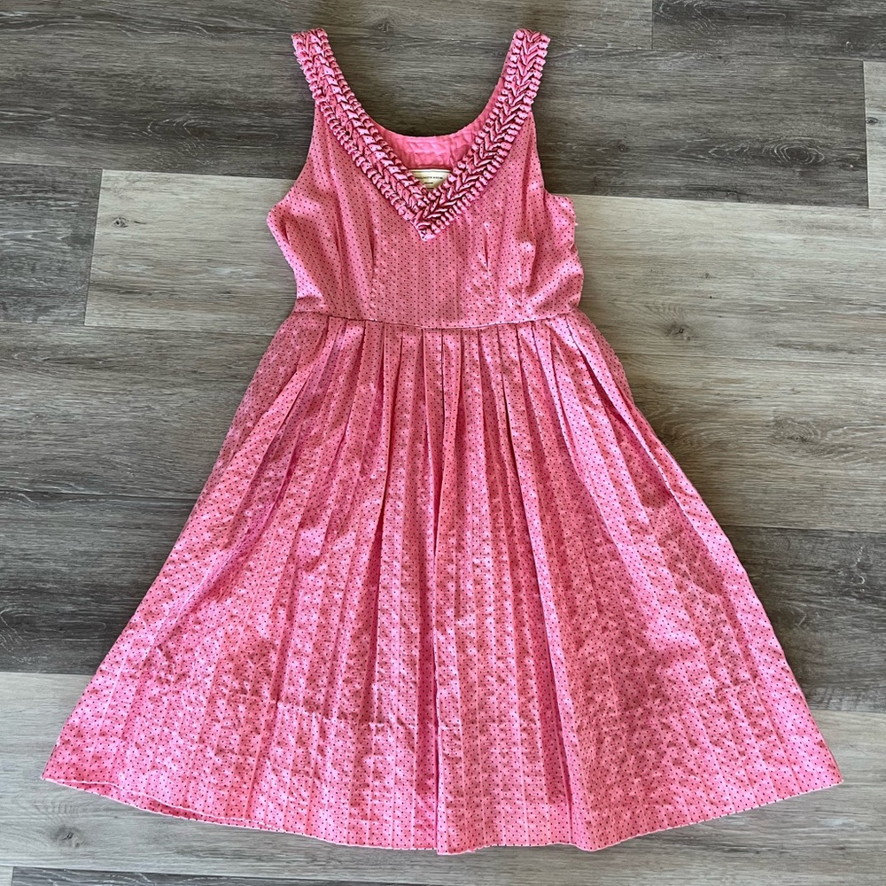 Anthro Moulinette Soeurs Melon Ball Dress Pink Black Polka Dots 100% Cotton Sz 0